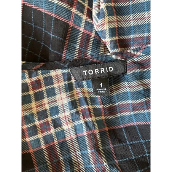 Torrid Memory Plaid Shirttail Kimono Lightweight Sheer Blue Beige Wine 1 1X - Picture 7 of 9